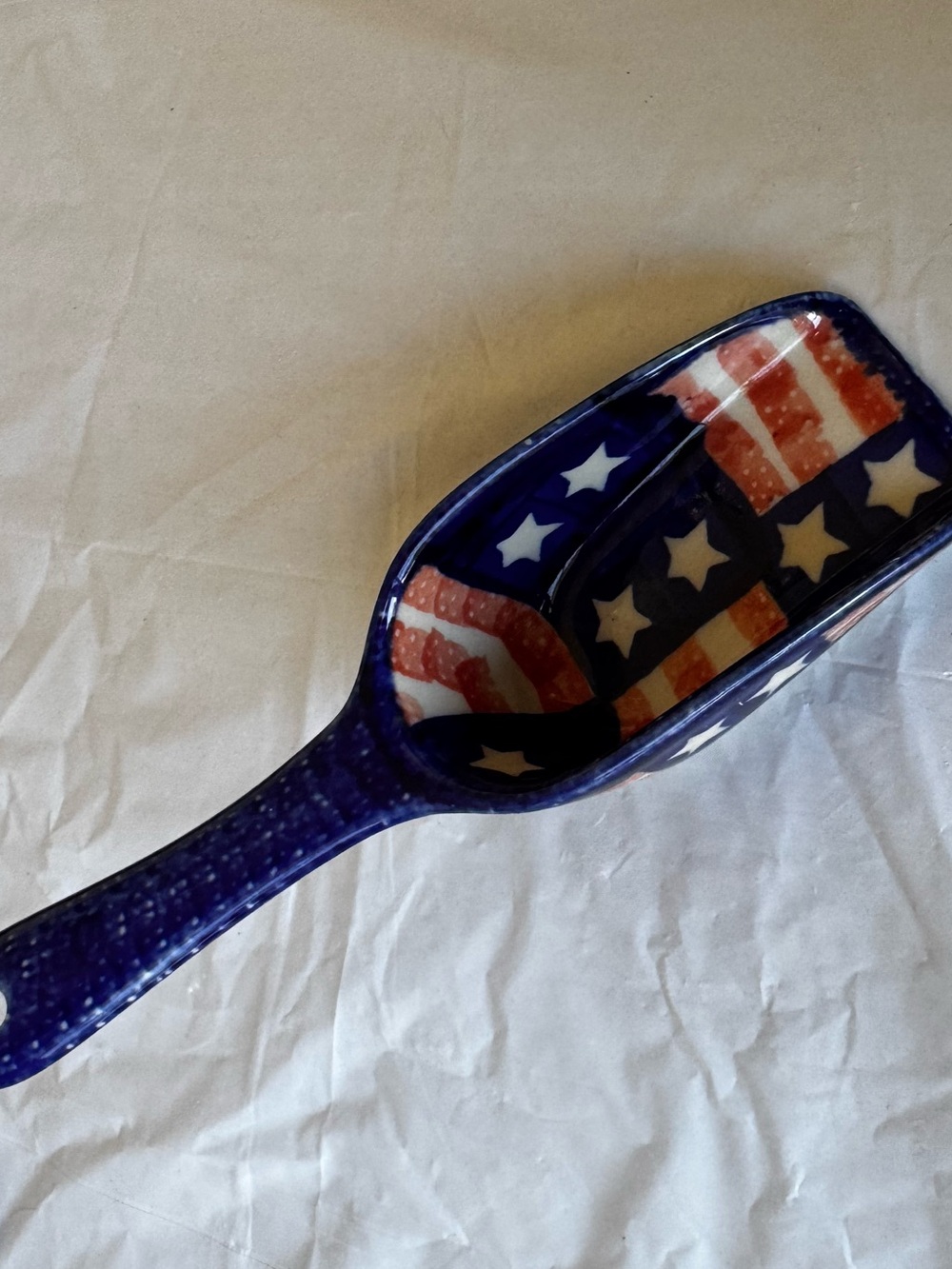 Polish Pottery Blue Ceramic Scoop with Star & Stripe Pattern